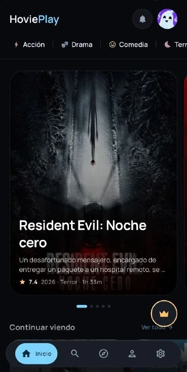 Pantalla de inicio de la app HoviePlay con películas y series destacadas